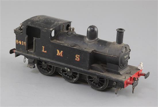 A Leeds Model Co O gauge 0-6-0 tank locomotive, number 8419, LMS black livery, 3 rail with skate, overall 24cm